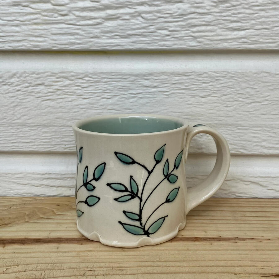 Little Coffee Mug, Tea Mug, Aqua Leaves, Handmade Pottery